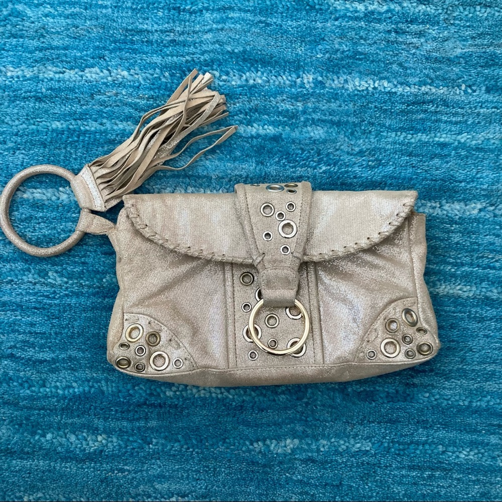 Gusto USA Metallic Leather Clutch Purse with Fringe Wrist loop